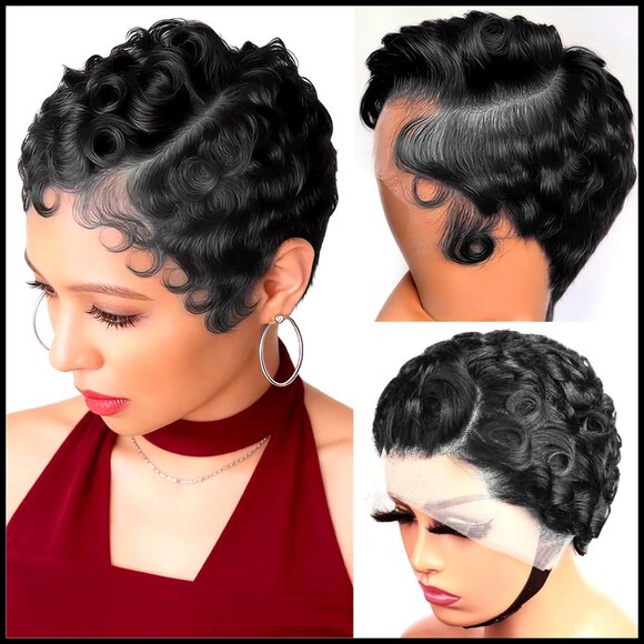 Short Layered Curly Pixie Cut Lace Front Wig Human Hair Glueless Pre Plucked main image 5